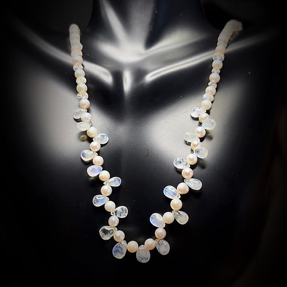 Hand Made Moonstone Pearl Statement Necklace - Picture 6 of 13